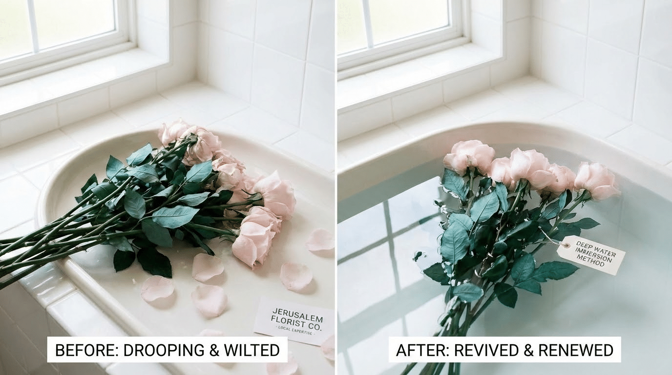 טכניקת החייאה - הטבלת מים עמוקה לפרחים גוססים