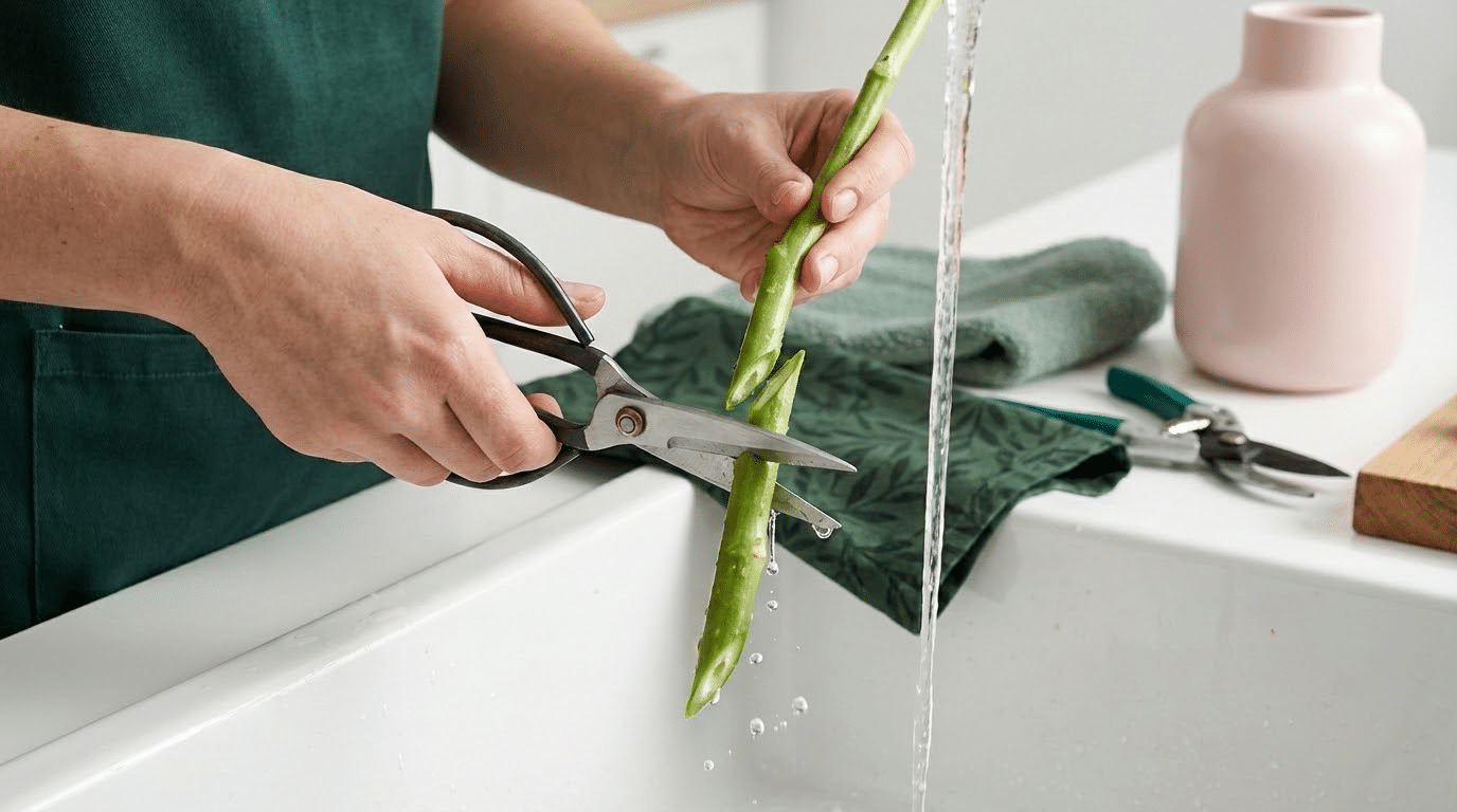 חיתוך גבעולים וניקוי ראשוני של פרחים