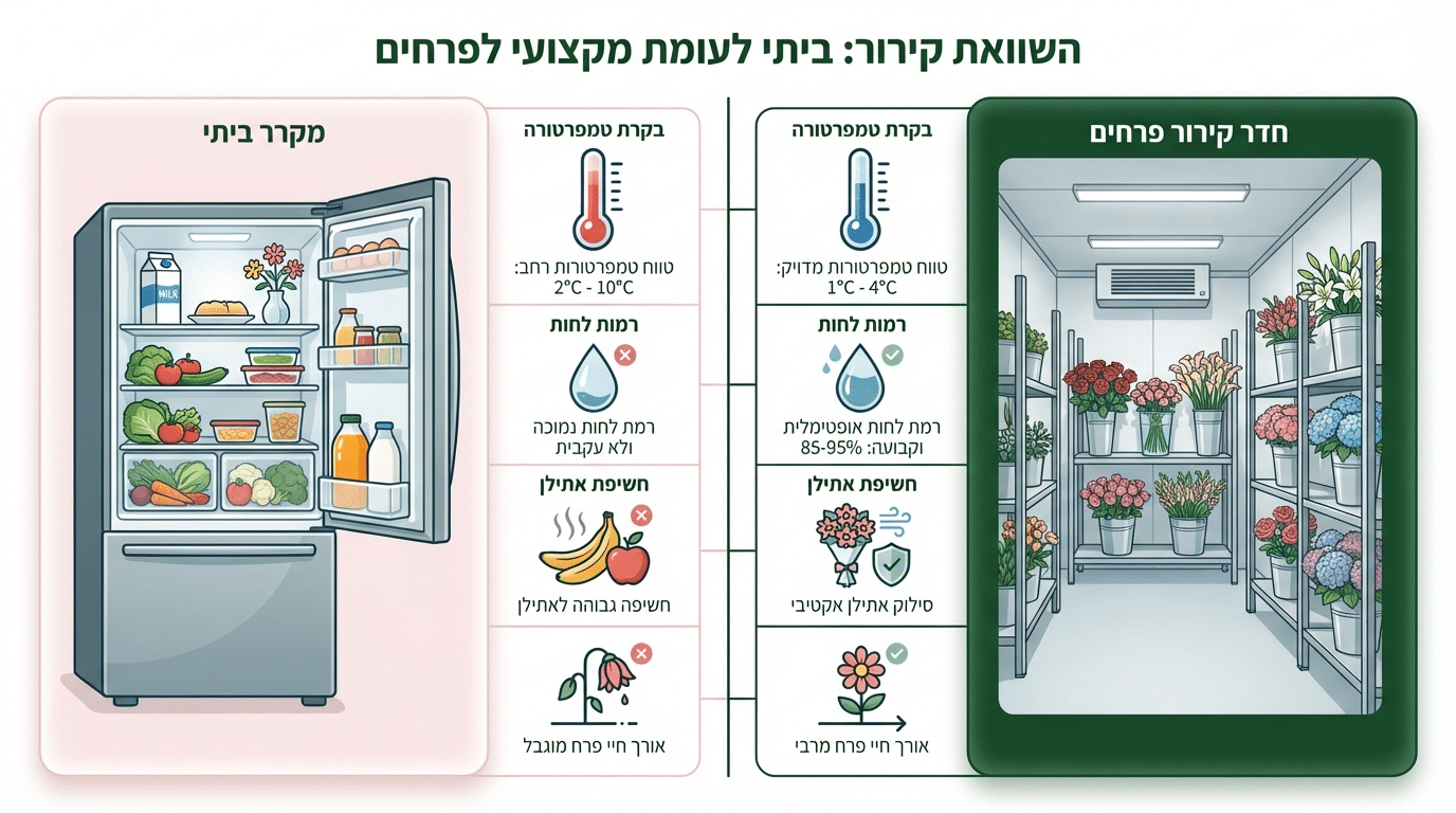 השוואה בין מקרר ביתי לקירור מקצועי לפרחים