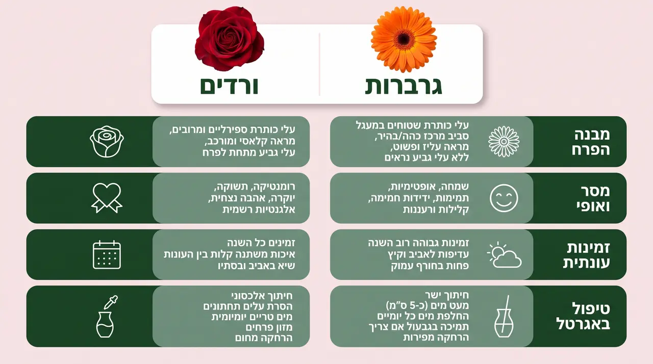 השוואת פרחים – ורדים וגרברות זה מול זה